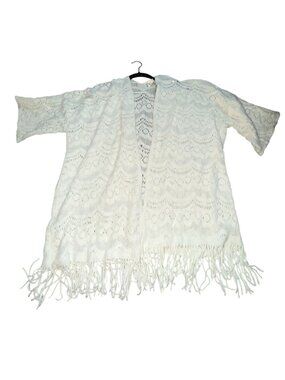 Lildy White Crochet Open Front Cardigan Fringe Boho Knit Sweater-Cream-S/M